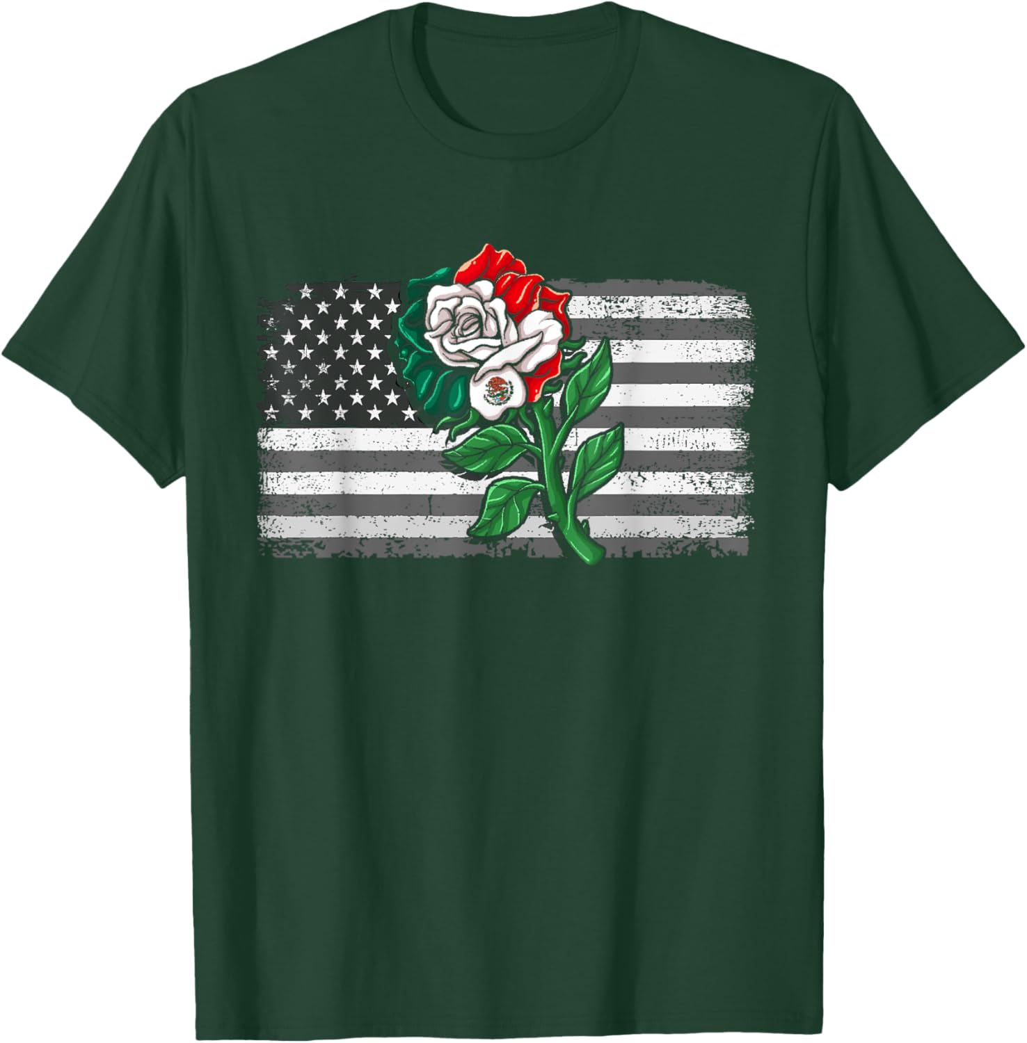 Mexico US Flag Mexican Flag American Flag Rose T-Shirt - T-Shirt | Forest