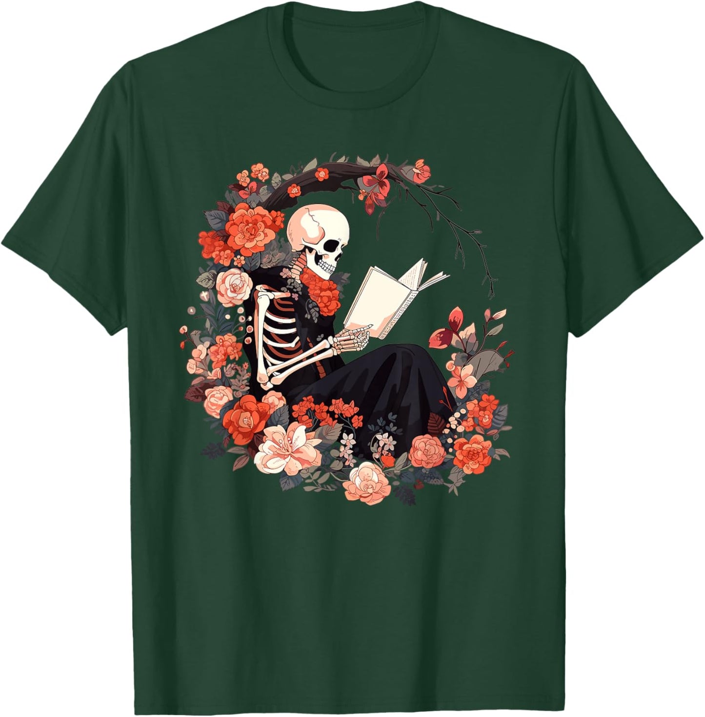 Skeleton Reading Book Lover Floral Flowers Bookish Bookworm T-Shirt - T-Shirt | Forest