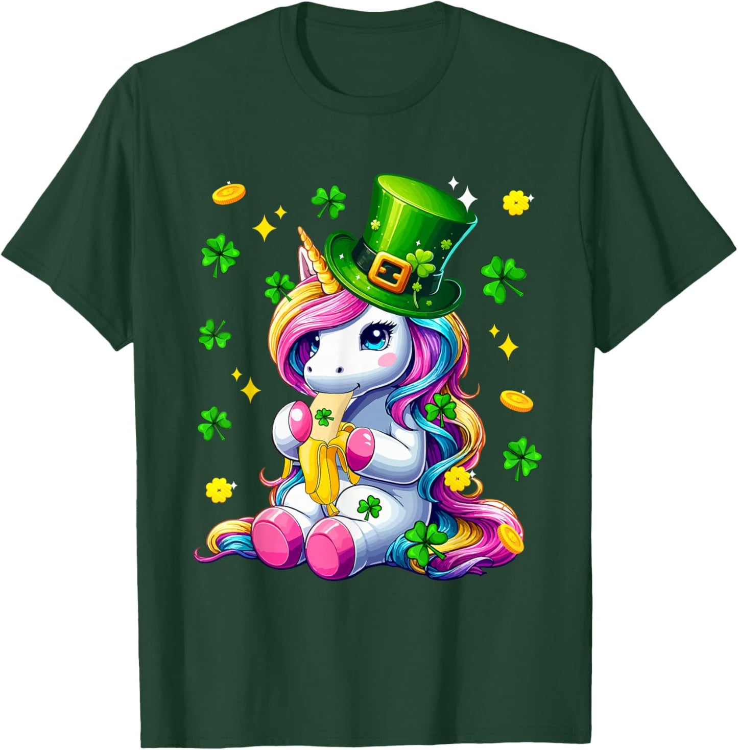 Colorful Unicorn Eating Banana St. Patrick's Day Shamrocks T-Shirt - T-Shirt | Forest