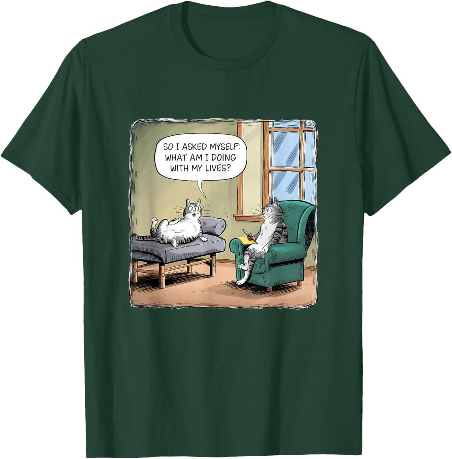 What Am I Doing With My Lives - Funny Midlife Crisis Cat T-Shirt - T-Shirt | Forest