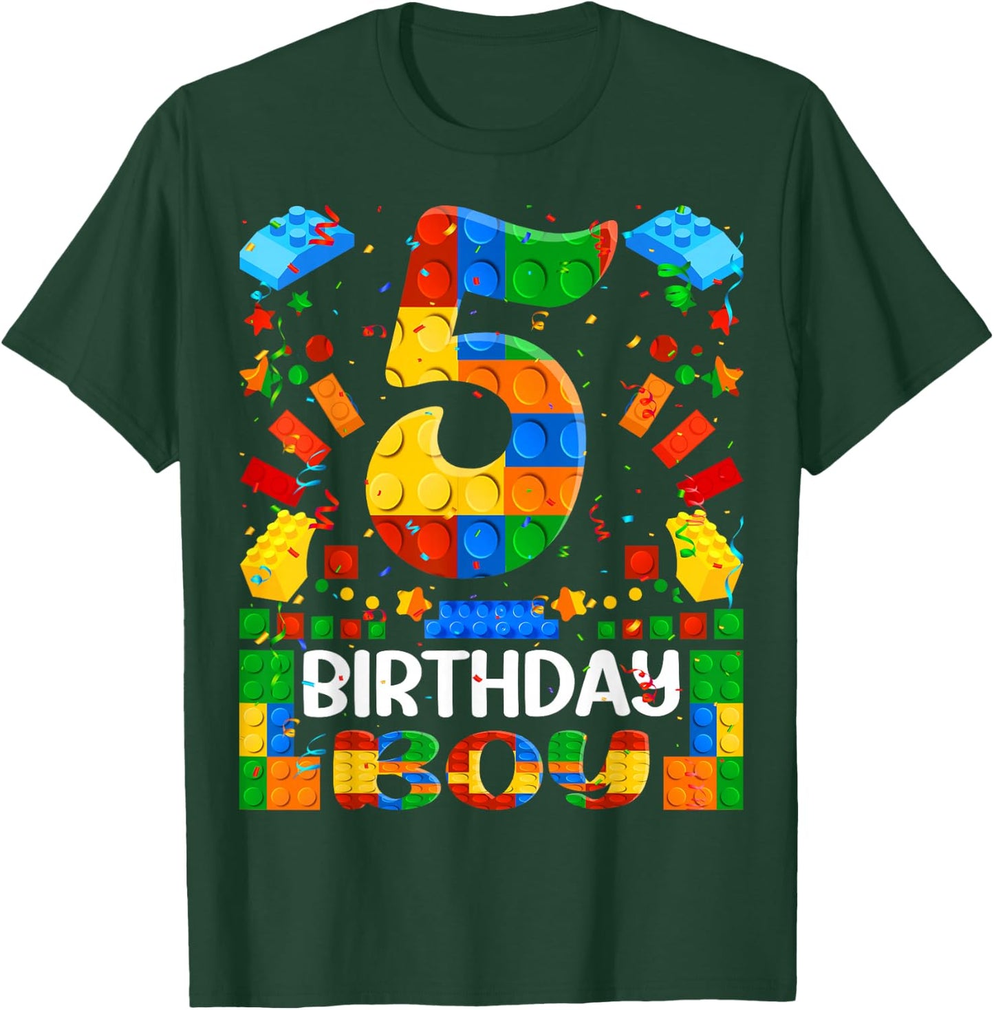 5 Year Old Building Blocks 5th Birthday Boy Brick Builder T-Shirt - T-Shirt | Forest