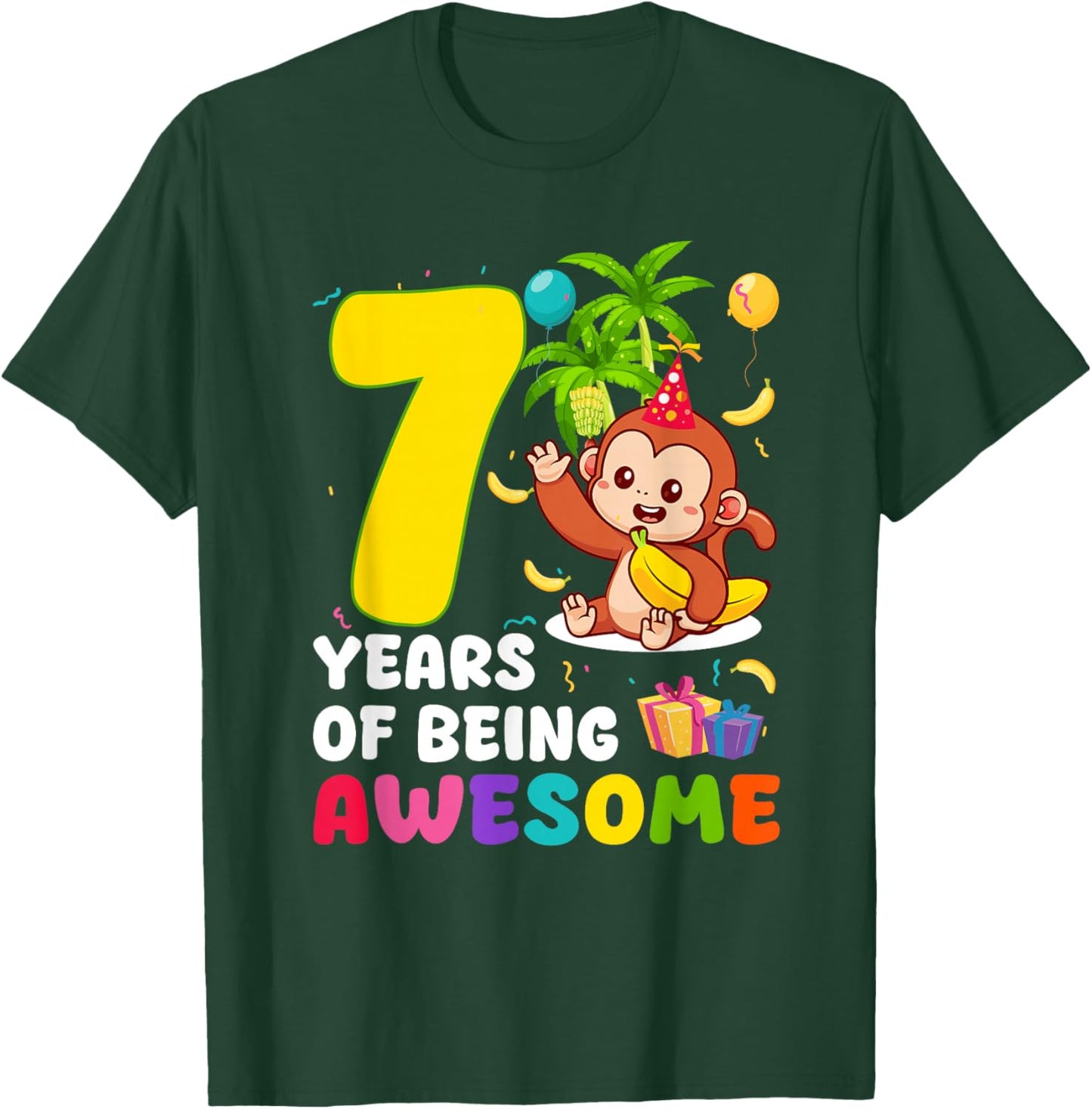 7th Birthday Monkey Themed Party 7 Years of Being Awesome T-Shirt - T-Shirt | Forest