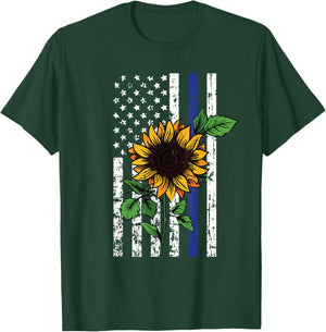American Flag Sunflower Blue Thin Line Police Patriotic Gift T-Shirt - T-Shirt | Forest