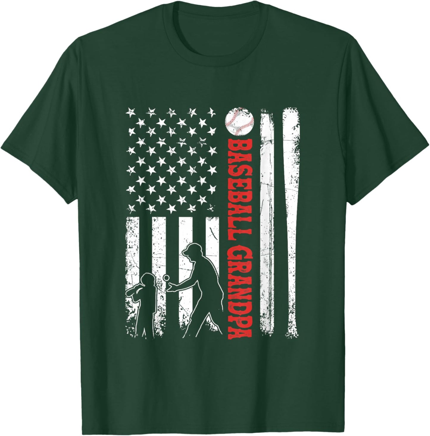 Distressed USA American Flag Baseball Grandpa Father's Day Women Kids Men T-Shirt - T-Shirt | Forest