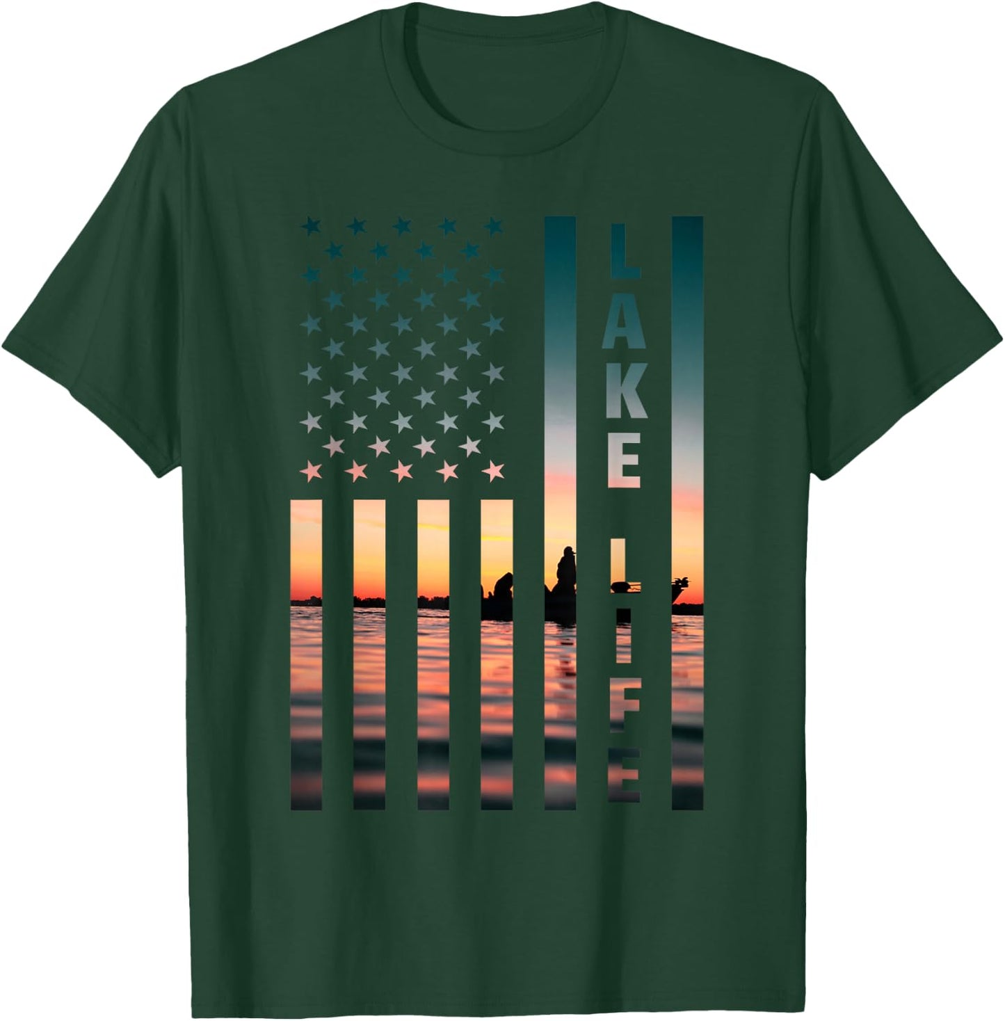 Lake Life Fisherman Sunset American Flag Bass Fishing Boat T-Shirt - T-Shirt | Forest