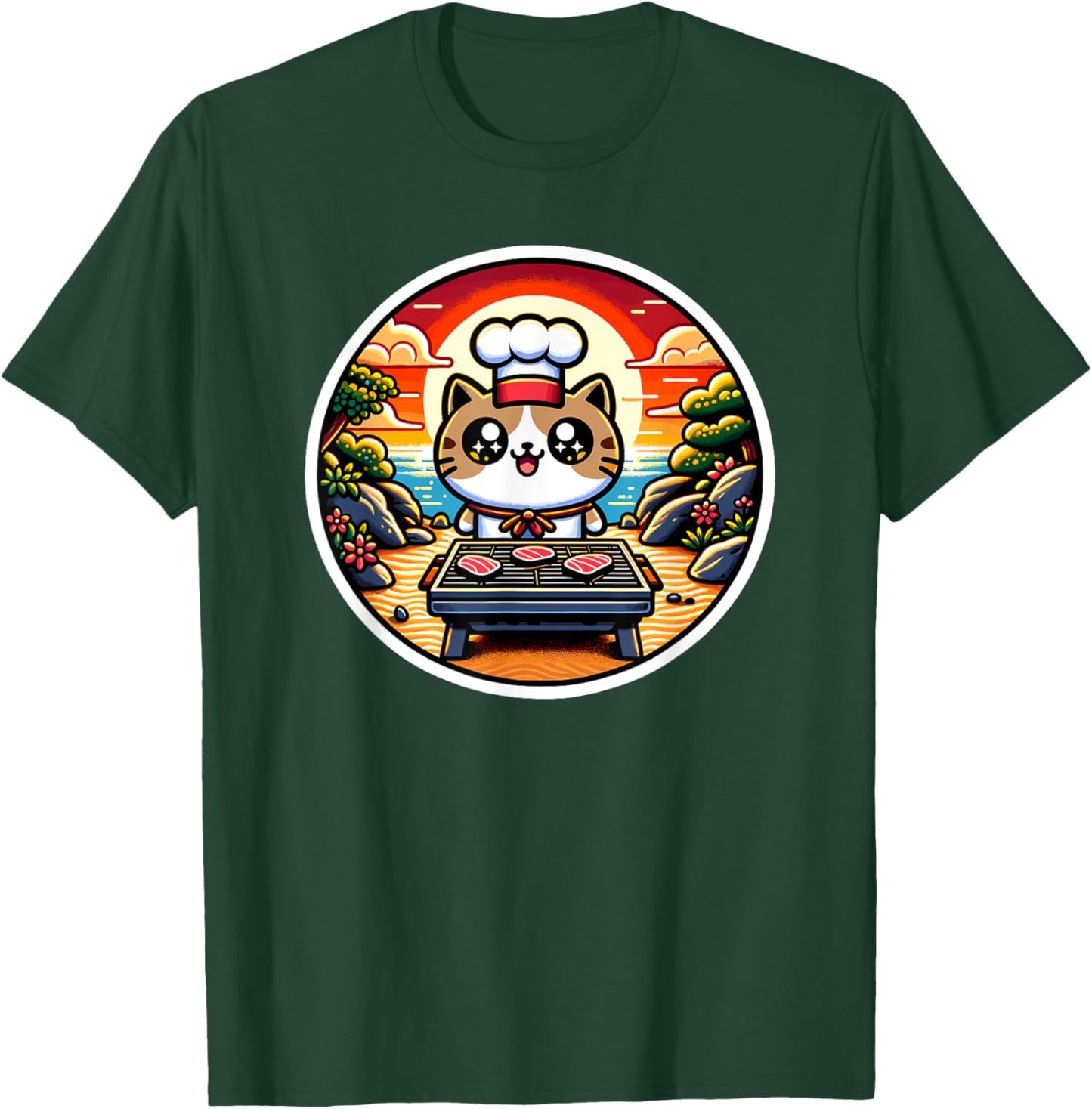 Hibachi Cat Chef, Hibachi Kids, Kawaii Cat Making Hibachi T-Shirt - T-Shirt | Forest