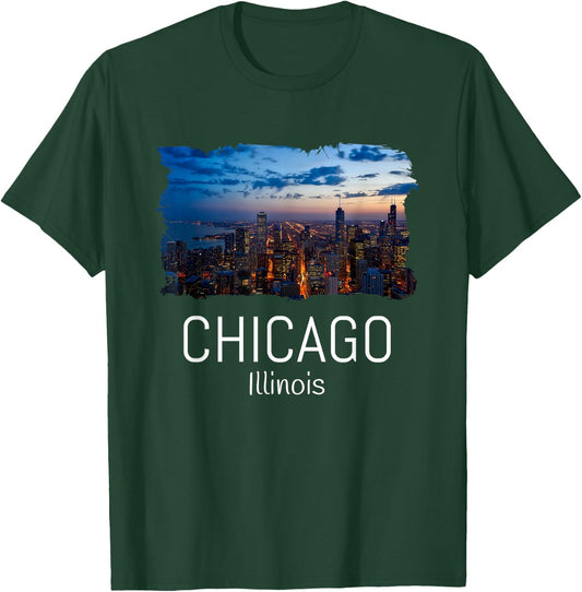 Chicago Skyline At Night Cool Souvenir Chicago Illinois T-Shirt - T-Shirt | Forest