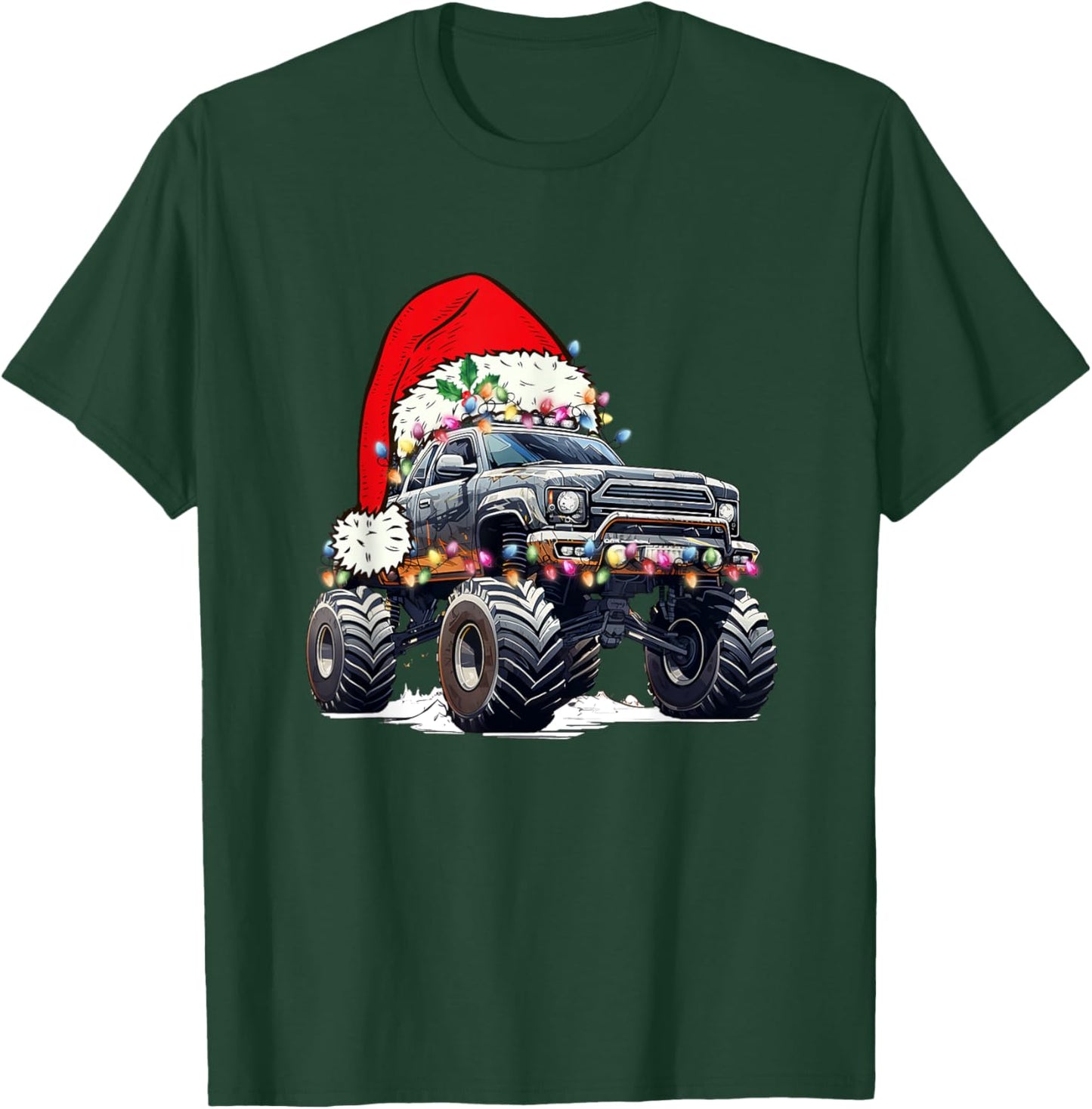 Monster Truck Christmas Tree Ornament Santa Hat Lights Xmas T-Shirt - T-Shirt | Forest