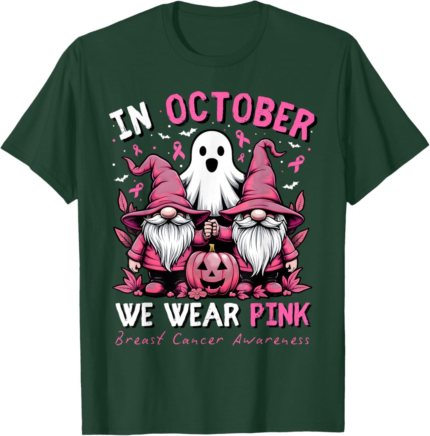 In October We Wear Pink Ghost Gnomes Breast Cancer Awareness T-Shirt - T-Shirt | Forest