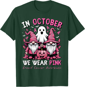 In October We Wear Pink Ghost Gnomes Breast Cancer Awareness T-Shirt - T-Shirt | Forest