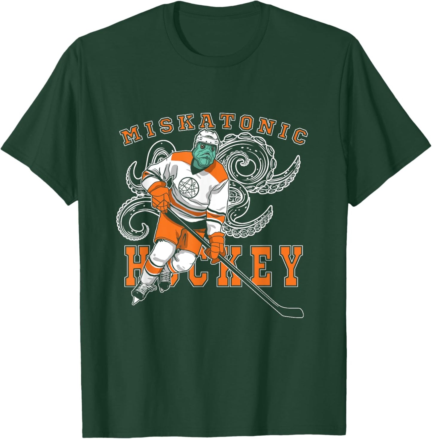 Miskatonic Hockey Sports Orange Horror Graphic On Dark T-Shirt - T-Shirt | Forest