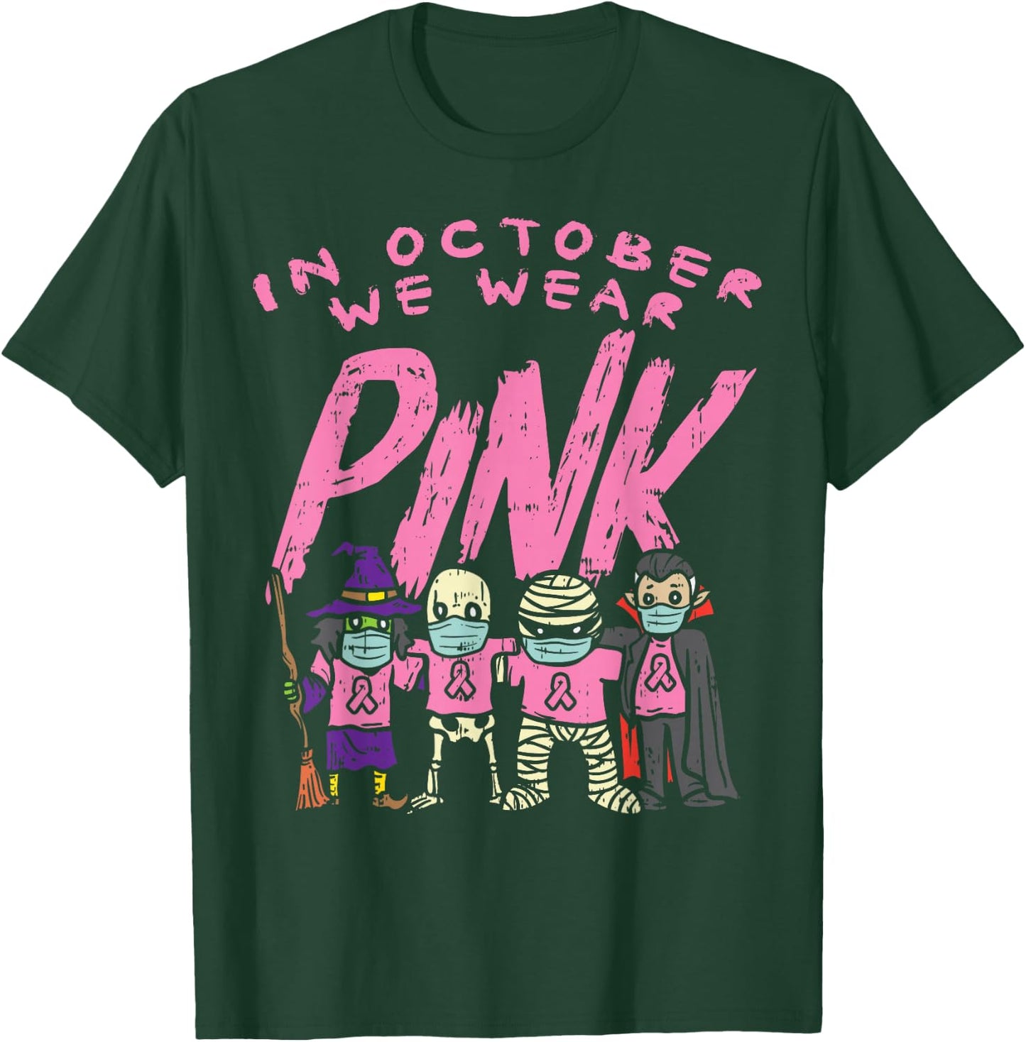 October We Wear Pink Witch Skeleton Breast Cancer Halloween T-Shirt - T-Shirt | Forest