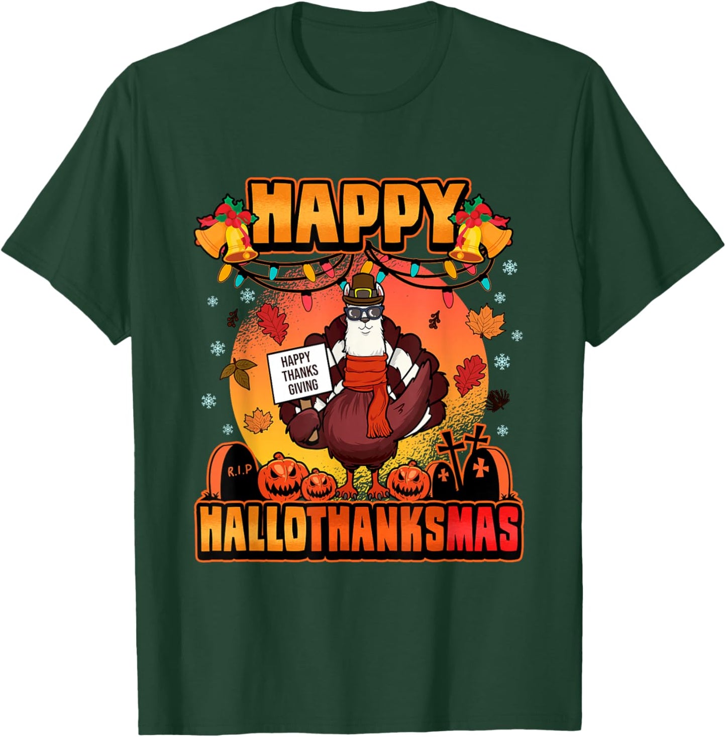 Halloween Christmas Happy Hallothanksmas Llama Turkey T-Shirt - T-Shirt | Forest