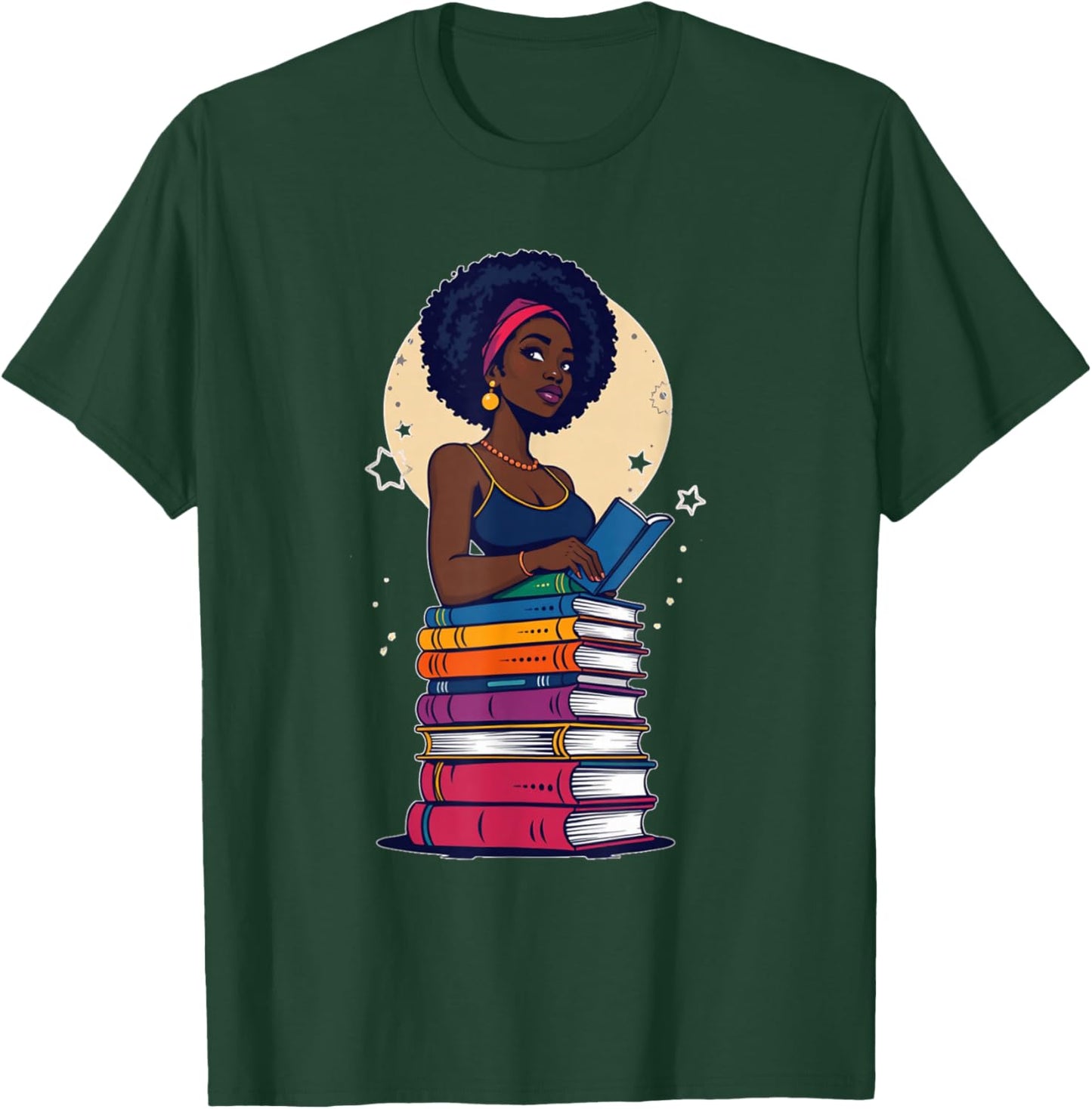 Black Woman And Books Stack - Afro Girl Reading Lover T-Shirt - T-Shirt | Forest