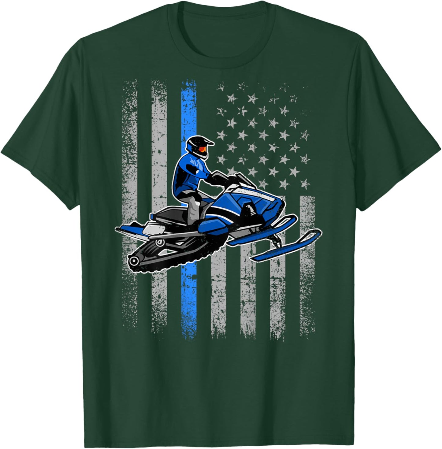 Snowmobile Riding Winter Snow USA American Flag Vintage T-Shirt - T-Shirt | Forest