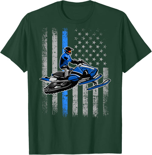 Snowmobile Riding Winter Snow USA American Flag Vintage