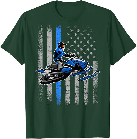 Snowmobile Riding Winter Snow USA American Flag Vintage T-Shirt - T-Shirt | Forest