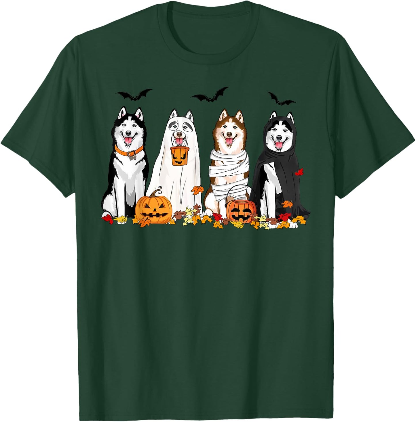 Siberian Husky Dogs Ghost Witch Mummy Halloween Pumpkins T-Shirt - T-Shirt | Forest