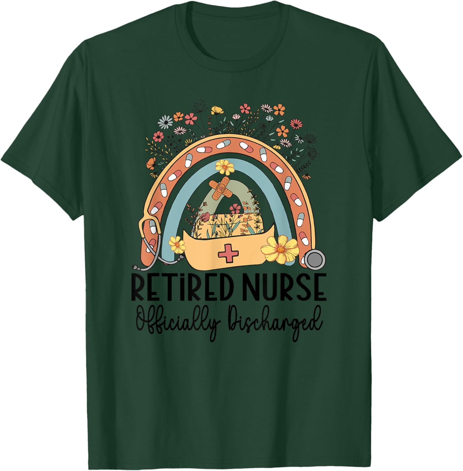 Retired Nurse Retirement Officially Discharged Rainbow Nurse T-Shirt - T-Shirt | Forest