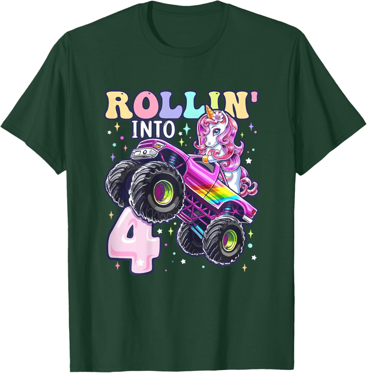 Unicorn Monster Truck 4th Birthday 4 Year Old Girls Party T-Shirt - T-Shirt | Forest