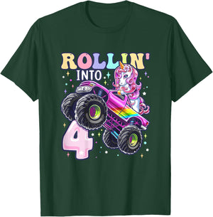 Unicorn Monster Truck 4th Birthday 4 Year Old Girls Party T-Shirt - T-Shirt | Forest