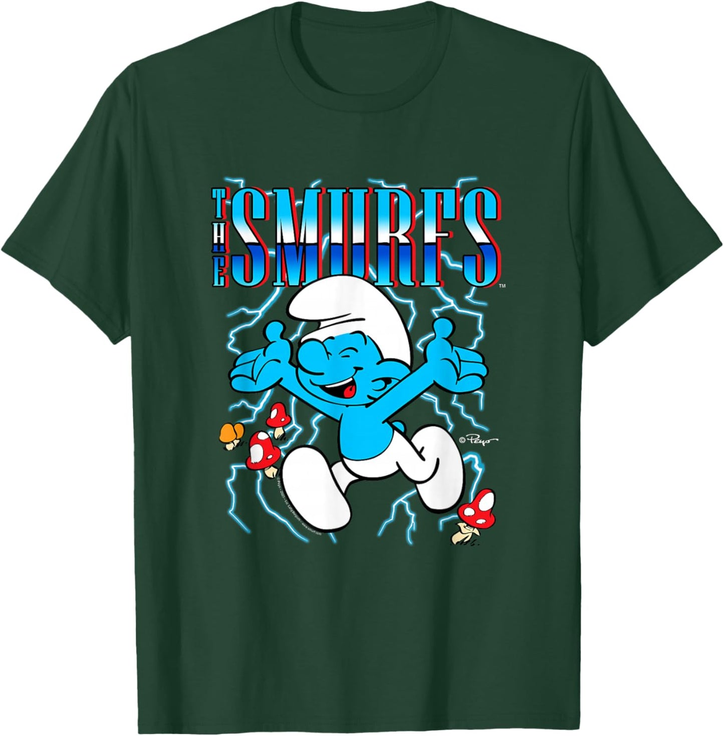 The Smurfs Chrome Logo & Mushrooms Retro Cartoon T-Shirt - T-Shirt | Forest