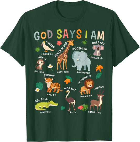 God Says I Am Zoo Animals Toddler Kids Bible Verse Funny T-Shirt - T-Shirt | Forest