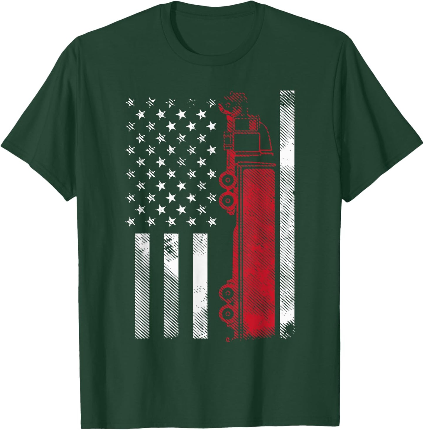 US American Flag Semi Truck Driver 18 Wheeler Trucker Gift Short Sleeve T-Shirt - T-Shirt | Forest