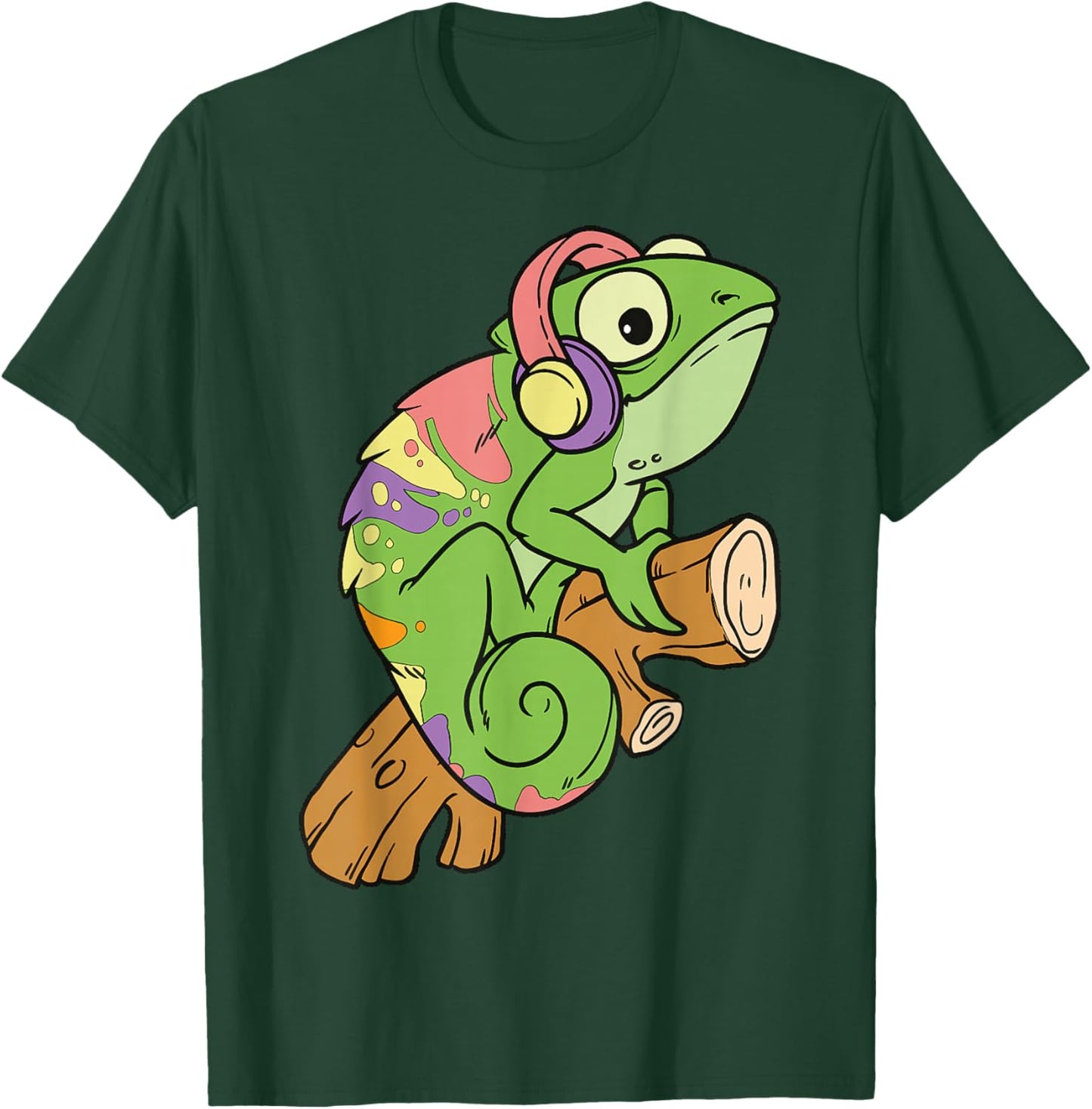 Cartoon Chameleon With Headphones Fun Illustration T-Shirt - T-Shirt | Forest