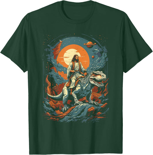 Jesus Riding in Space T-Rex Dinosaur Meme Sci-Fi Believers T-Shirt - T-Shirt | Forest