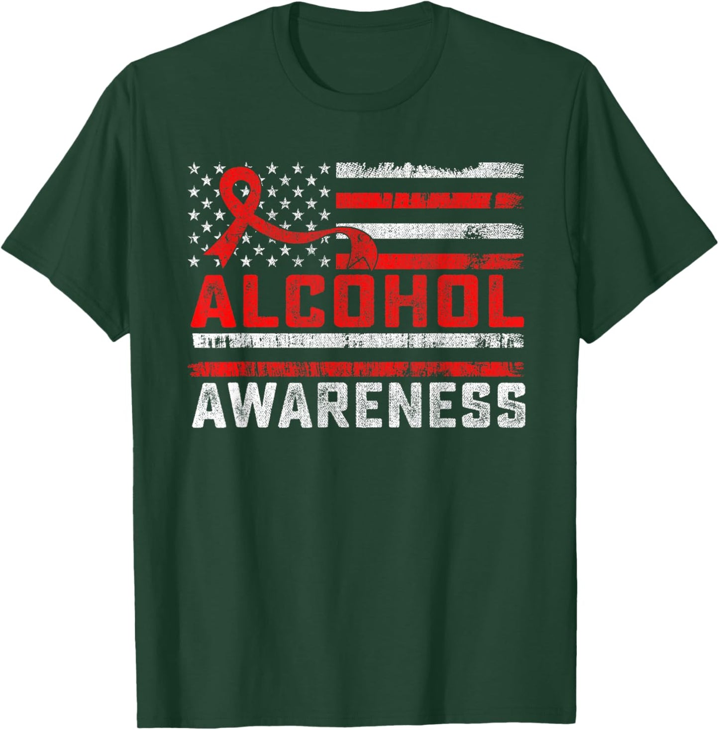 Alcohol Awareness Month American Flag Red Ribbon Women Men T-Shirt - T-Shirt | Forest