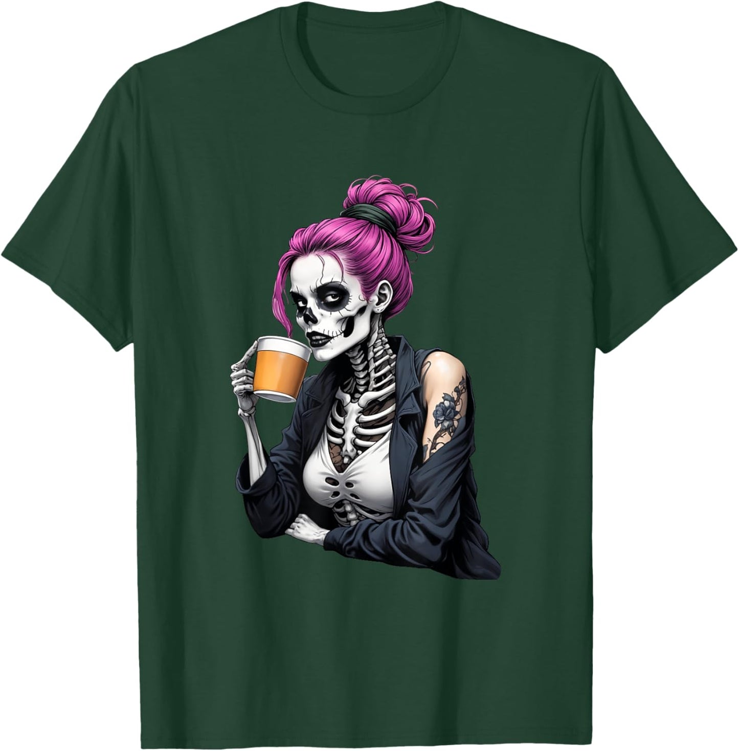Spooky Halloween Skeleton Messy Bun Drinking Coffee Women T-Shirt - T-Shirt | Forest
