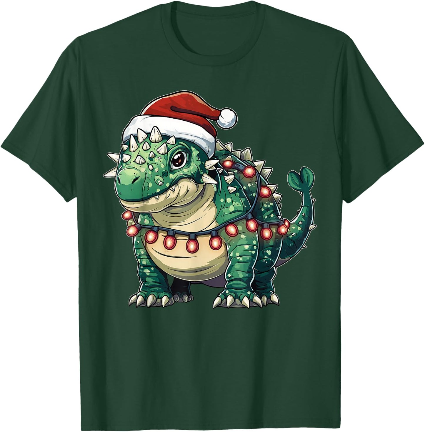 Ankylosaurus Dinosaur Christmas - -Adults/Kids - Red - Short Sleeve - U-Neck - Small - Christmas Dinosaur T-Shirt - T-Shirt | Forest