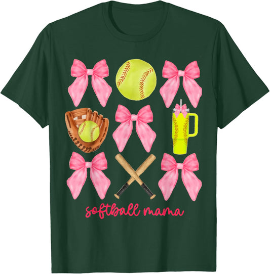 Softball Mama Softball Coquette Bow T-Shirt - T-Shirt | Forest