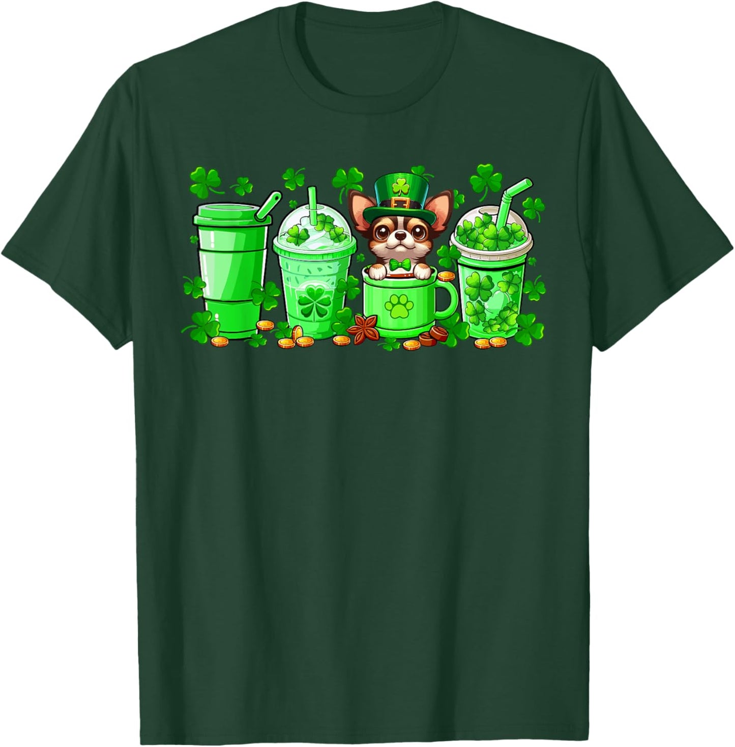 Chihuahua Inside Cup Coffees St. Patrick's Day Shamrocks T-Shirt - T-Shirt | Forest