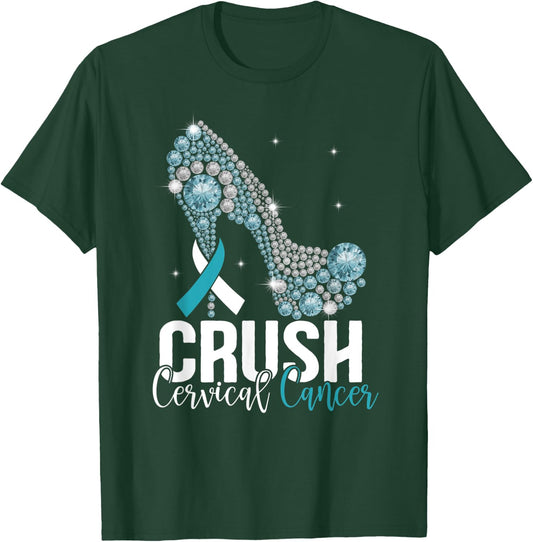 Crush Cervical Cancer White and Teal Ribbon High Heels T-Shirt - T-Shirt | Forest