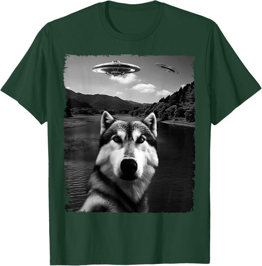 Dog Husky Selfie with Alien and Ufo Women Kids T-Shirt - T-Shirt | Forest
