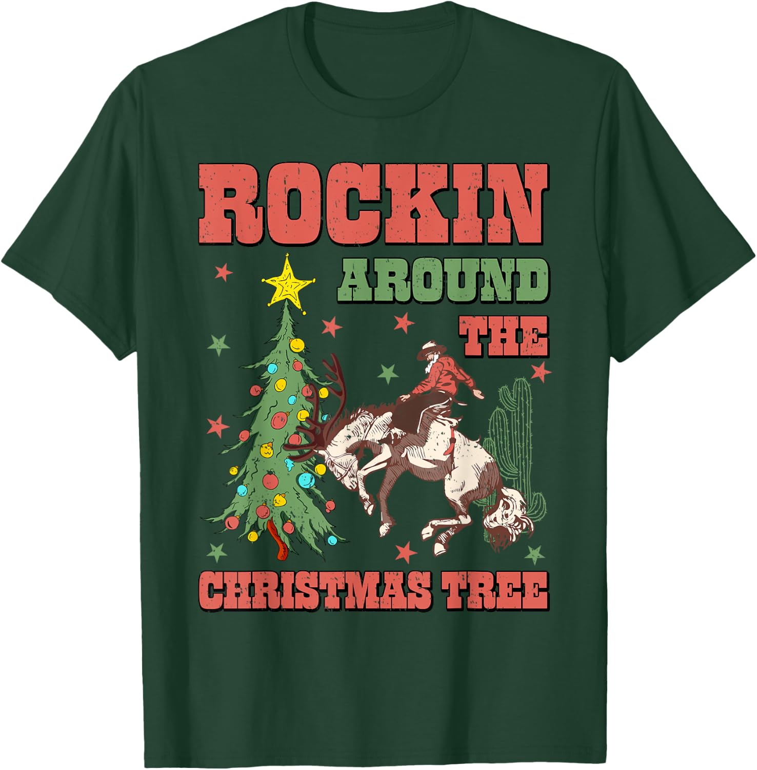Rocking Around The Christmas Tree Cowboy Riding Horse Xmas T-Shirt - T-Shirt | Forest