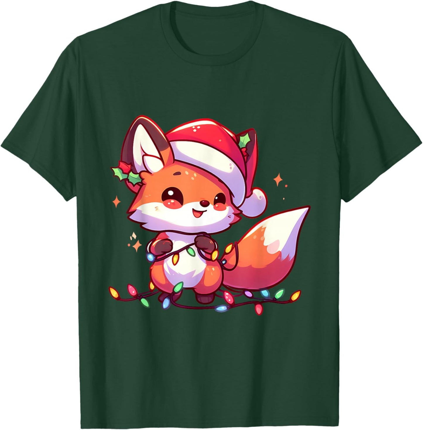 Merry Foxmas Christmas Lights Cute Fox Santa Hat T-Shirt - T-Shirt | Forest