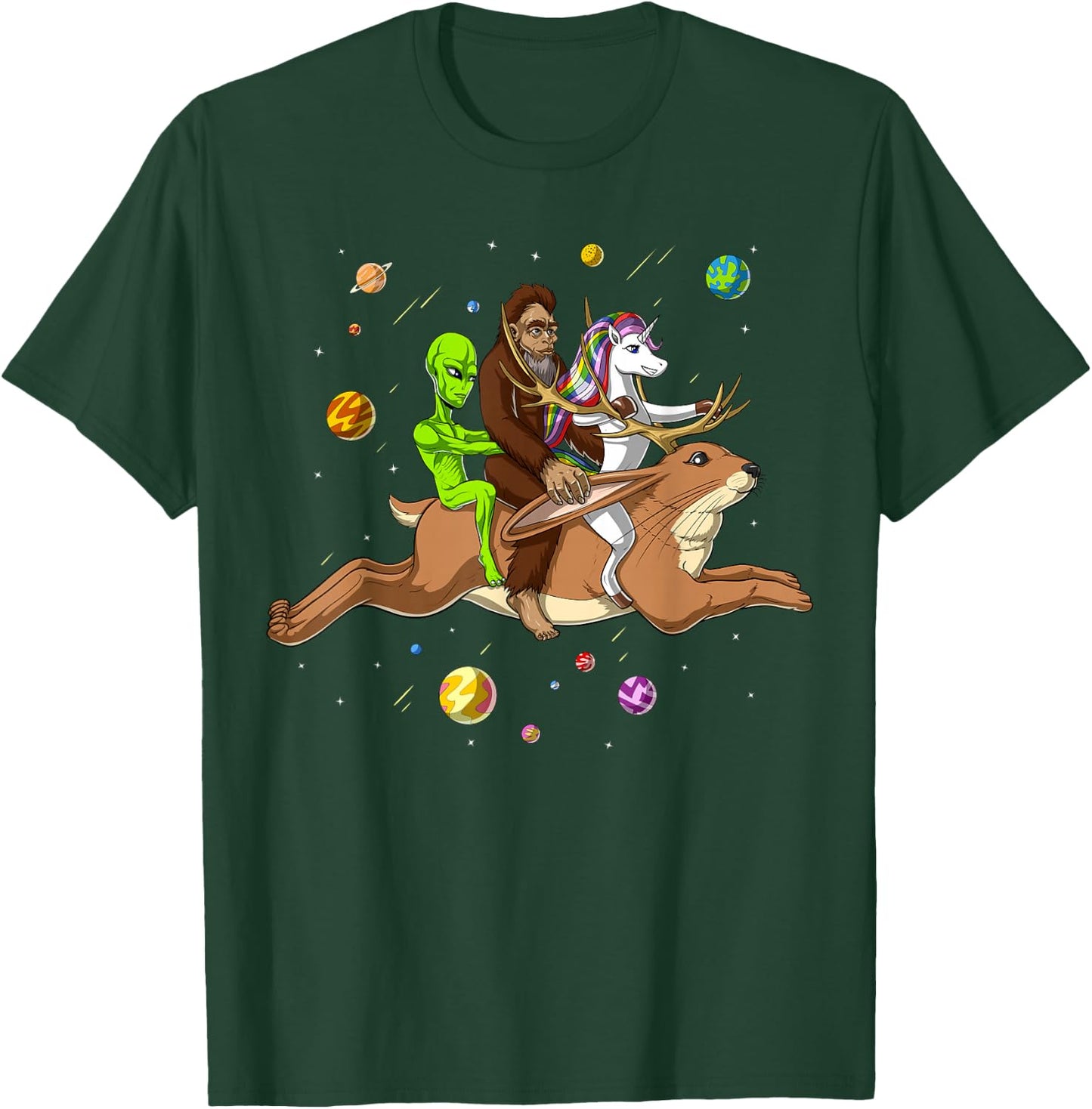 Alien Bigfoot Unicorn Riding Jackalope Cryptozoology Cryptid T-Shirt - T-Shirt | Forest