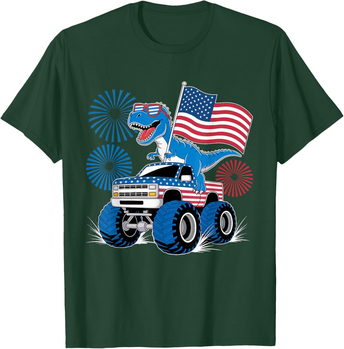 Dinosaur 4th Of July T Rex Dinosaur Monster Truck Dino T-Shirt - T-Shirt | Forest