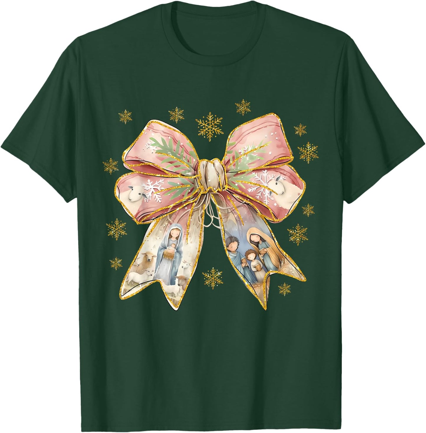 Jesus Christmas Coquette Bow Nativity Scene Christian Women T-Shirt - T-Shirt | Forest