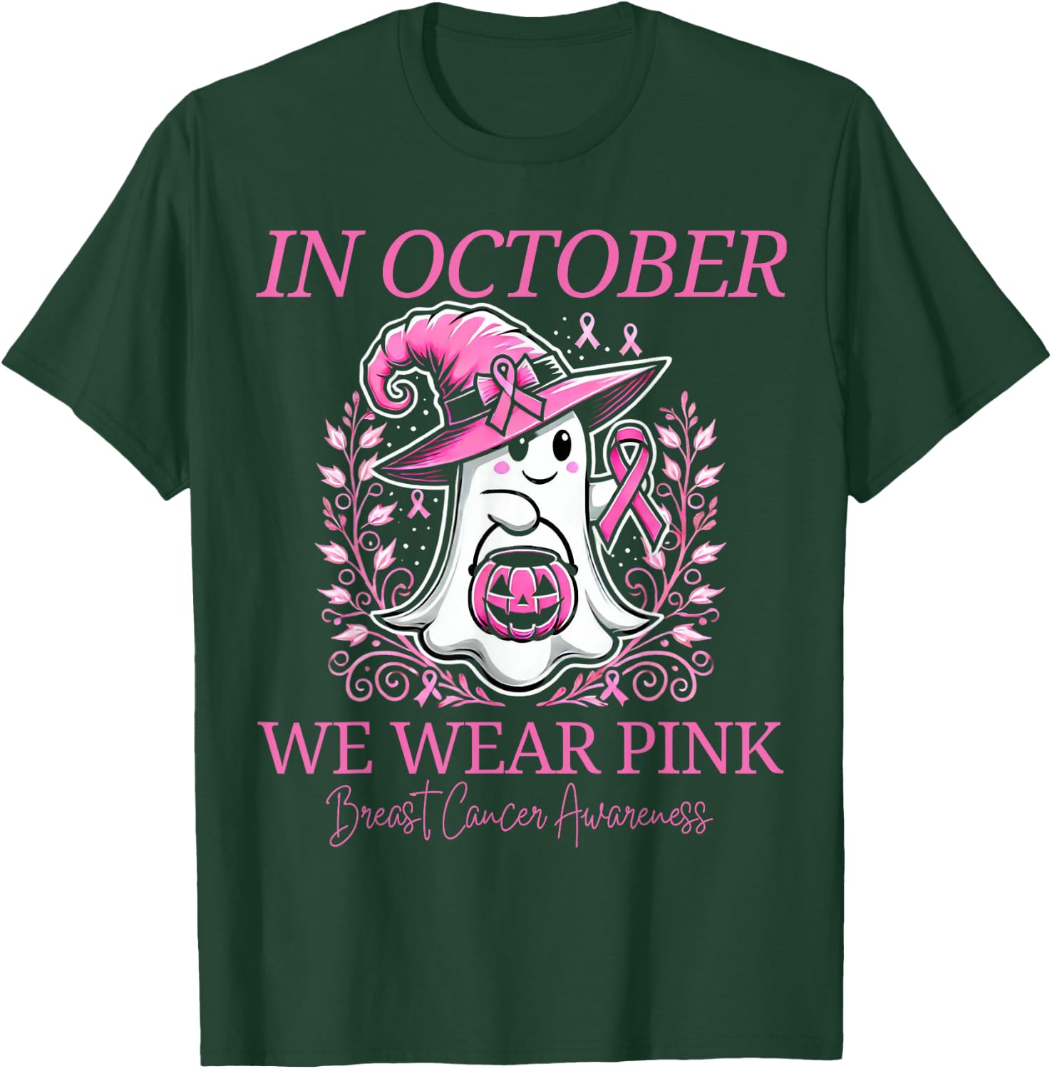 Pink Ghost October Breast Cancer Awareness Halloween T-Shirt - T-Shirt | Forest
