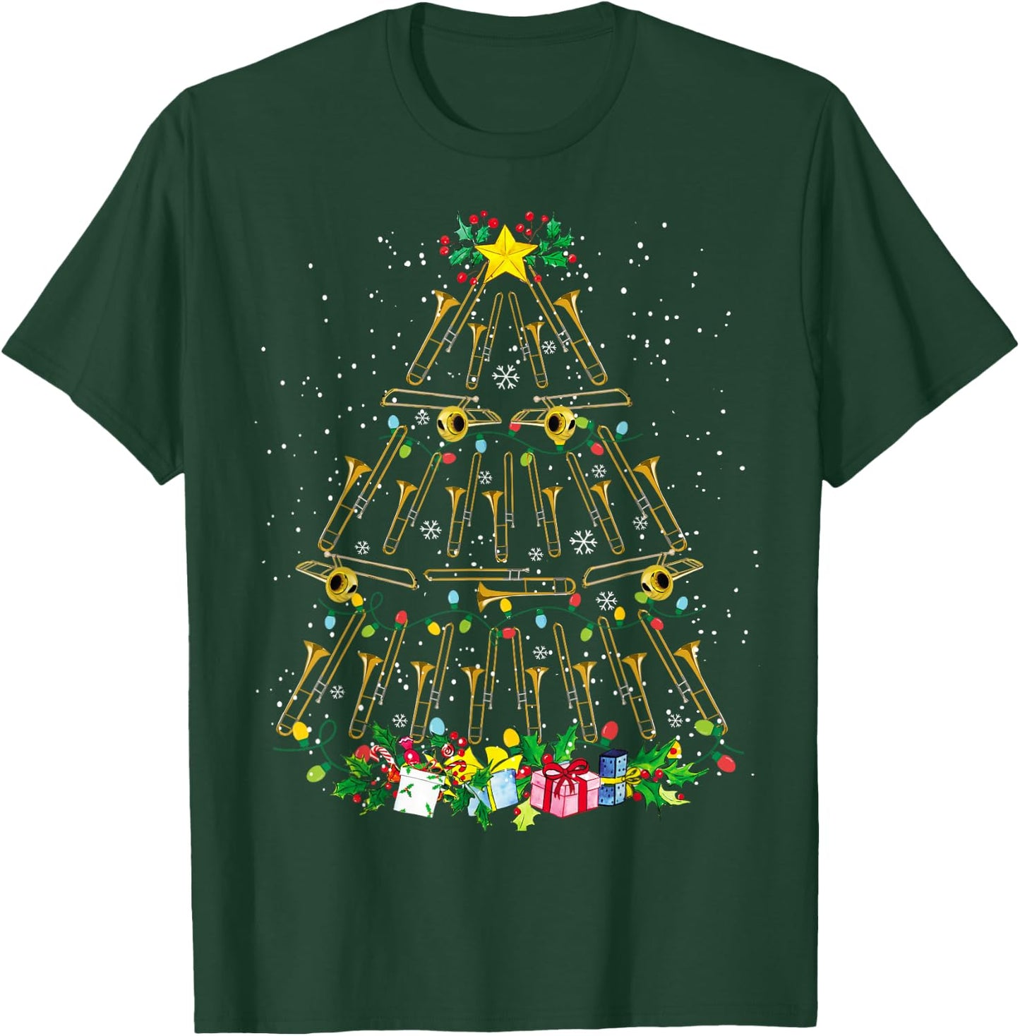 Funny Christmas Trombone Player Xmas Tree Music Lover Santa T-Shirt - T-Shirt | Forest