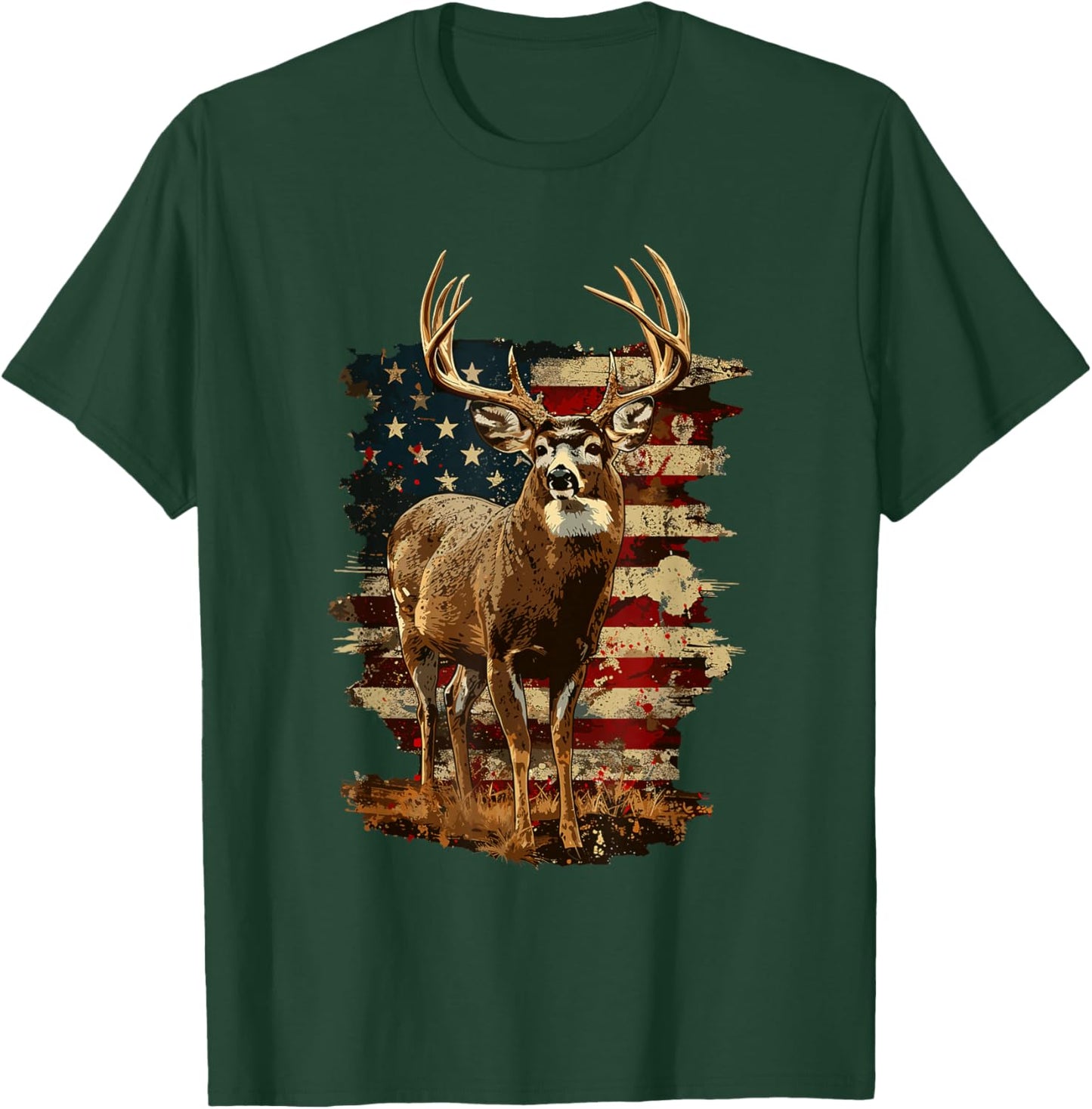 Whitetail Buck Deer Hunting 4th of July USA American Flag T-Shirt - T-Shirt | Forest