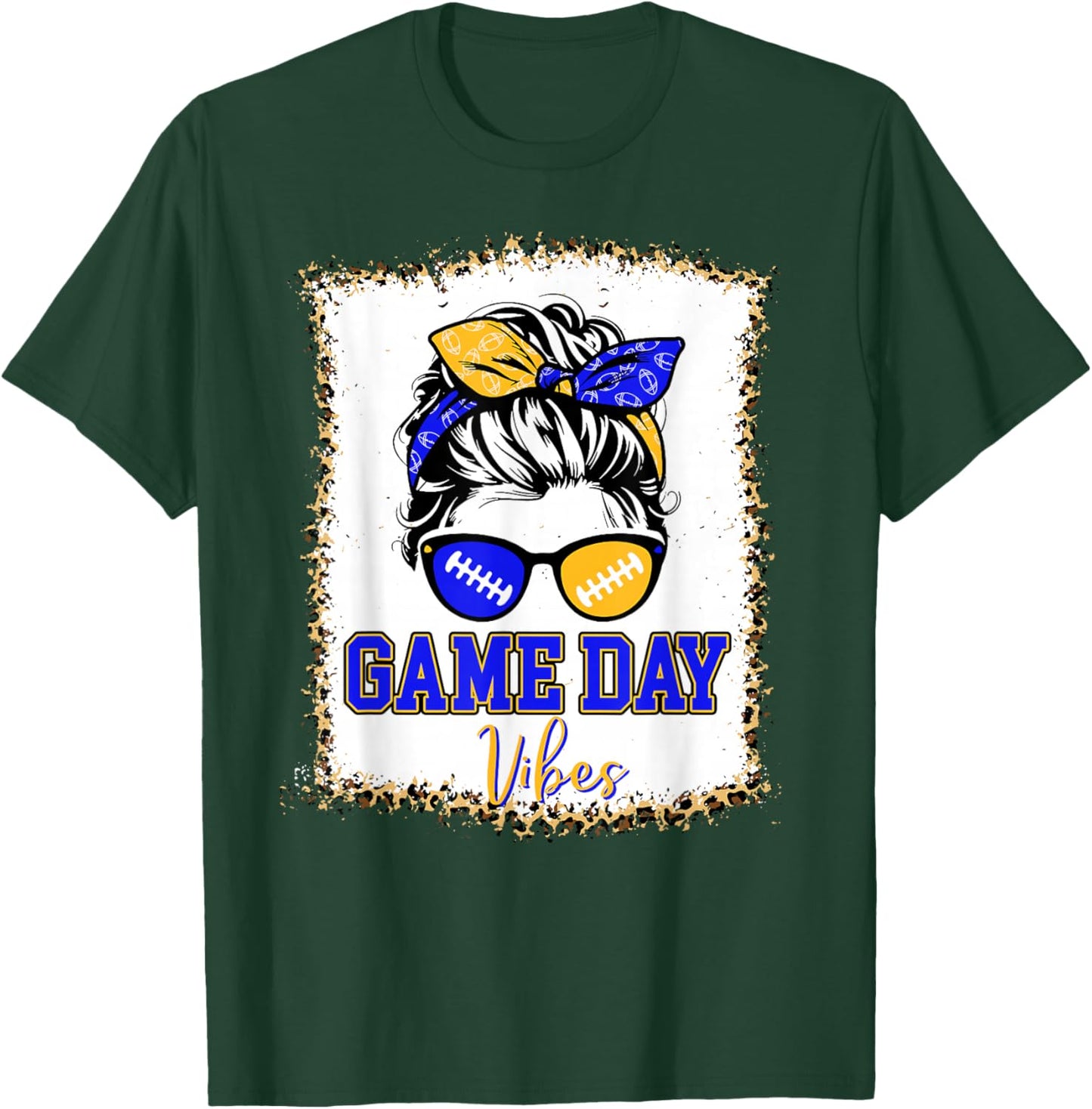Blue Gold Game Day Vibes Football Women Leopard Print T-Shirt - T-Shirt | Forest
