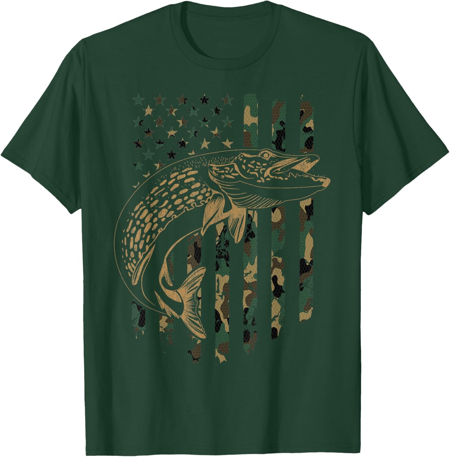 Pike Fishing American Flag Camouflage Muskie Fishing Camo T-Shirt - T-Shirt | Forest