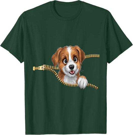 Cute Dog in Pocket Funny Zipper Pocket Graphic Design Puppy T-Shirt - T-Shirt | Forest