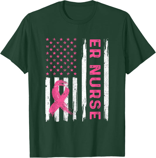 ER Nurse American Flag Nurse Breast Cancer Awareness Men T-Shirt - T-Shirt | Forest