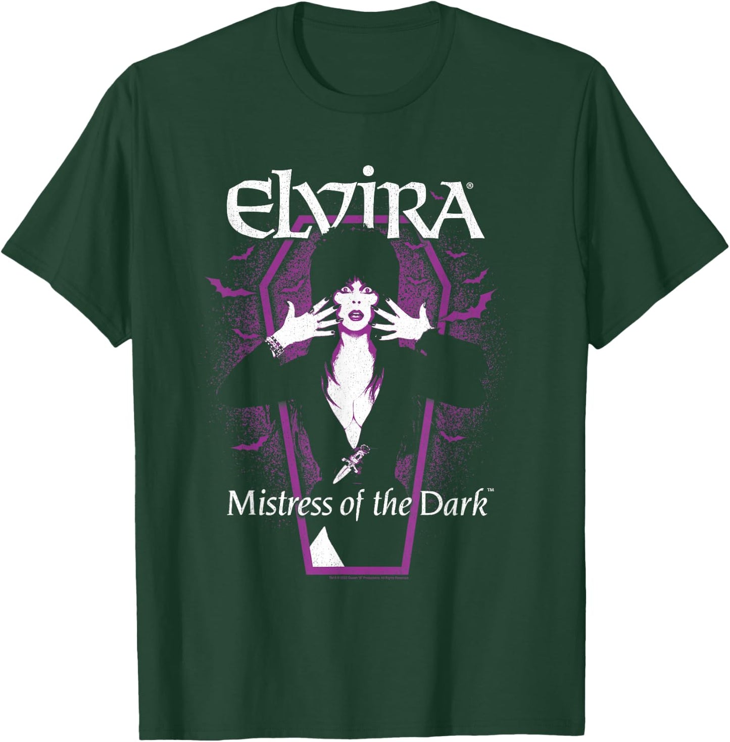 Elvira, Mistress of The Dark Purple Bats and Coffin T-Shirt - T-Shirt | Forest